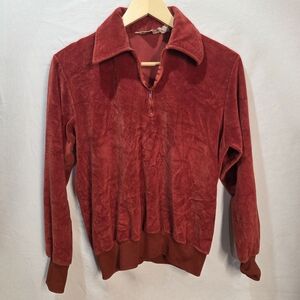 Vintage Velour 1/4 Zip Pullover Rust Orange Size M Made In Canada 70s 80s